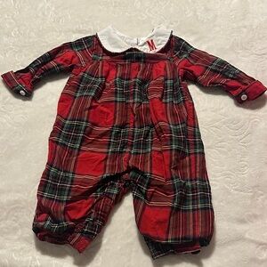 Cecil and Lou Christmas Red Plaid M Monogram Romper Sz 9m